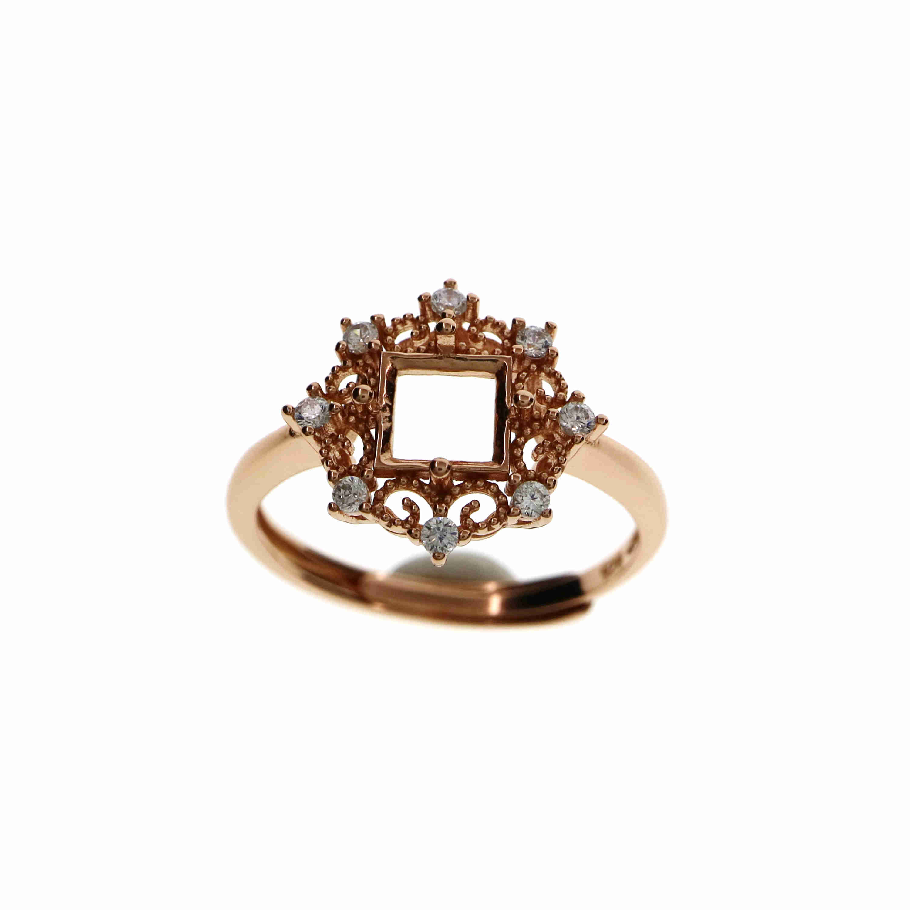 1Pcs 3-6MM Square Lace Rose Gold Silver Gems Cz Stone Prong Bezel Solid 925 Sterling Silver Adjustable Ring Settings 1294129 - Click Image to Close